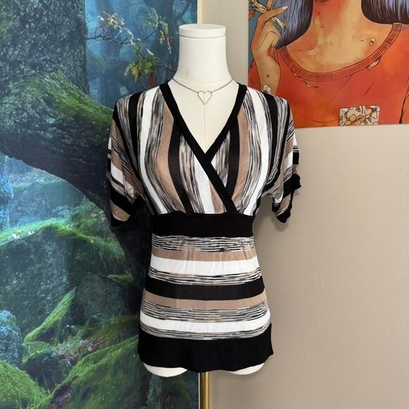 retro striped stretchy surplice v neck blouse neutral y2k top - Picture 1 of 7